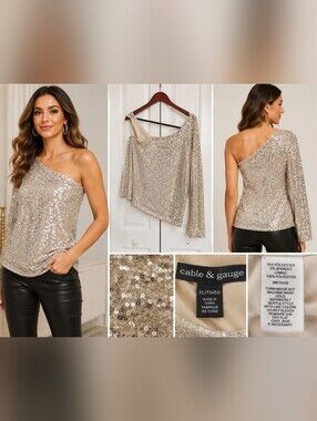 Cable & Gauge XL Champagne Metalic Sequin One Shoulder Asymmetrical Party Blouse